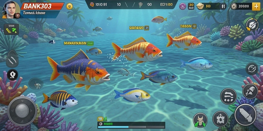 Tampilan gameplay seru dalam BANK303 dengan ikan berwarna-warni.