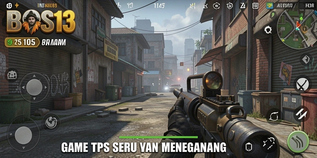 Screenshot utama BOS13 menampilkan aksi tembak-menembak yang mendebarkan.