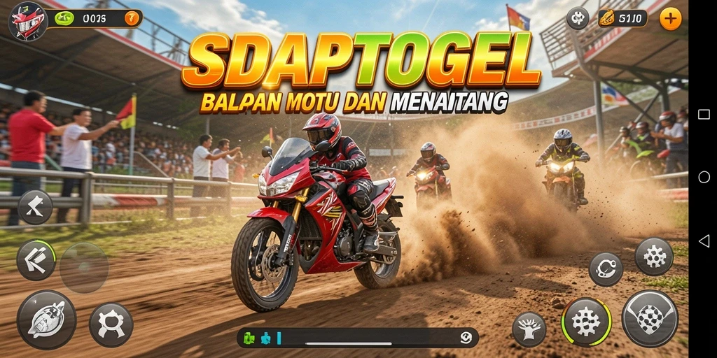 Gameplay menegangkan di SEDAPTOGEL dengan motor balap yang beraksi.