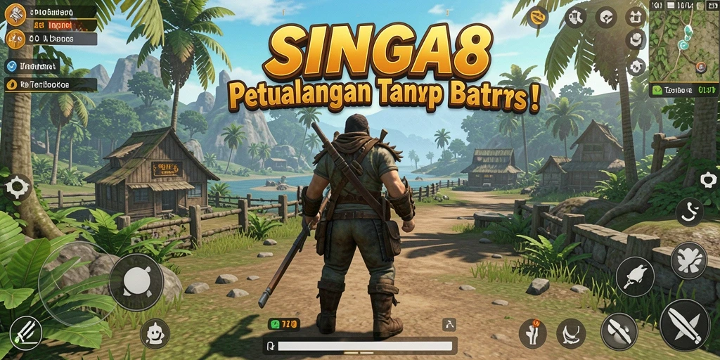 Tangkapan layar SINGA8 yang menampilkan aksi petualangan di dunia terbuka.