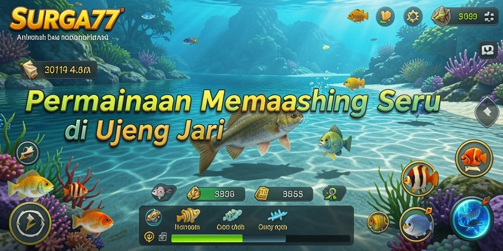 Screenshot gameplay SURGA77 menampilkan aksi memancing yang seru dan lokasi yang memukau.